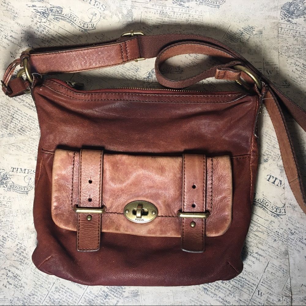Fossil Long Live Vintage 1954 Leather Shoulder Crossbody Bag Distressed